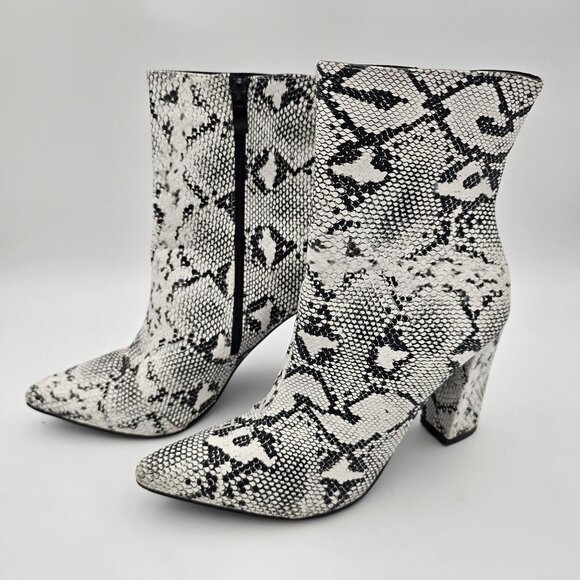 Snakeskin Print Chunky Heel Ankle Boots For Women Black & White Faux Leather - Picture 1 of 9